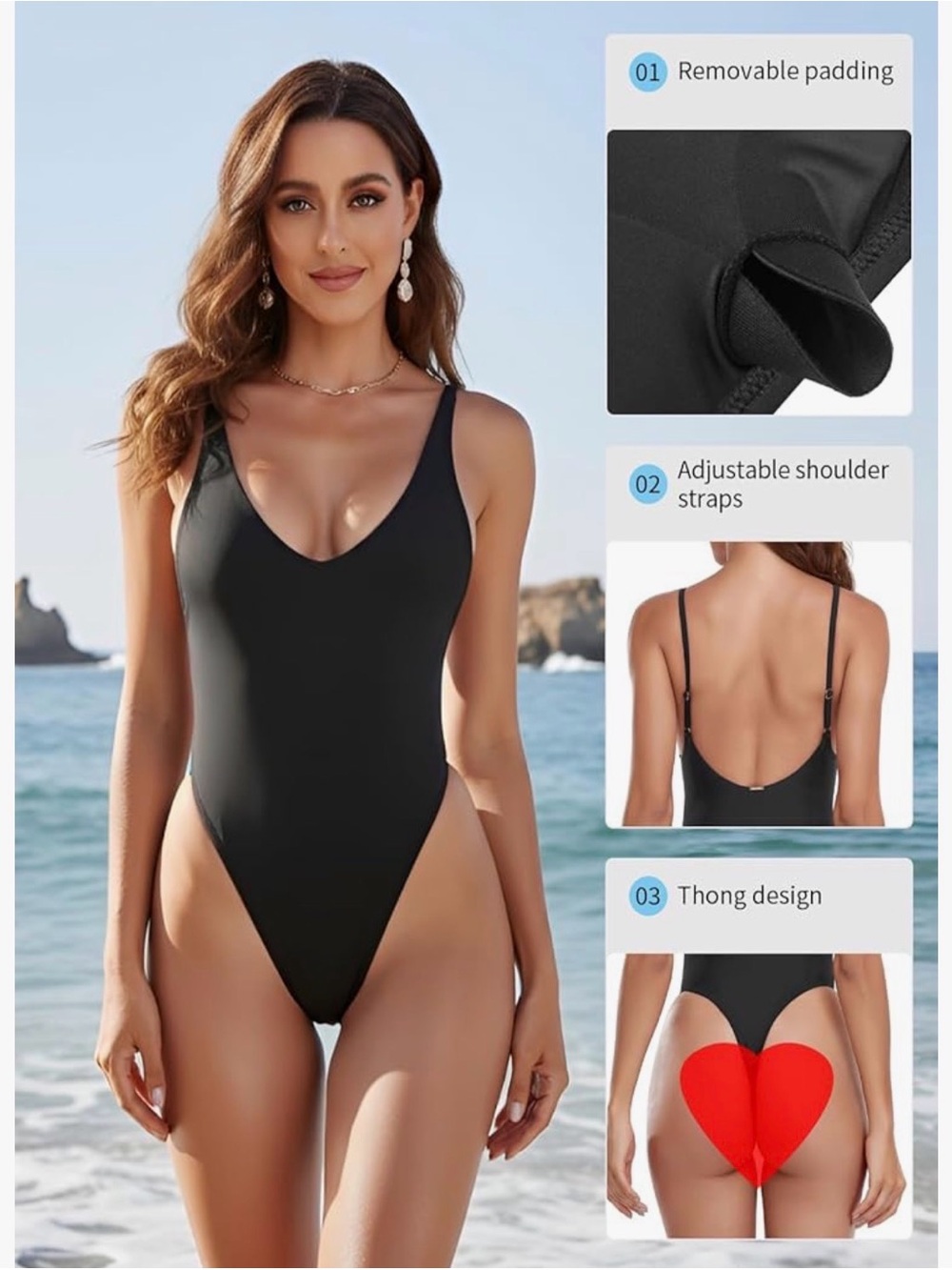 RELLECIGA Black V-Neck One-Piece Thong Swimsuit